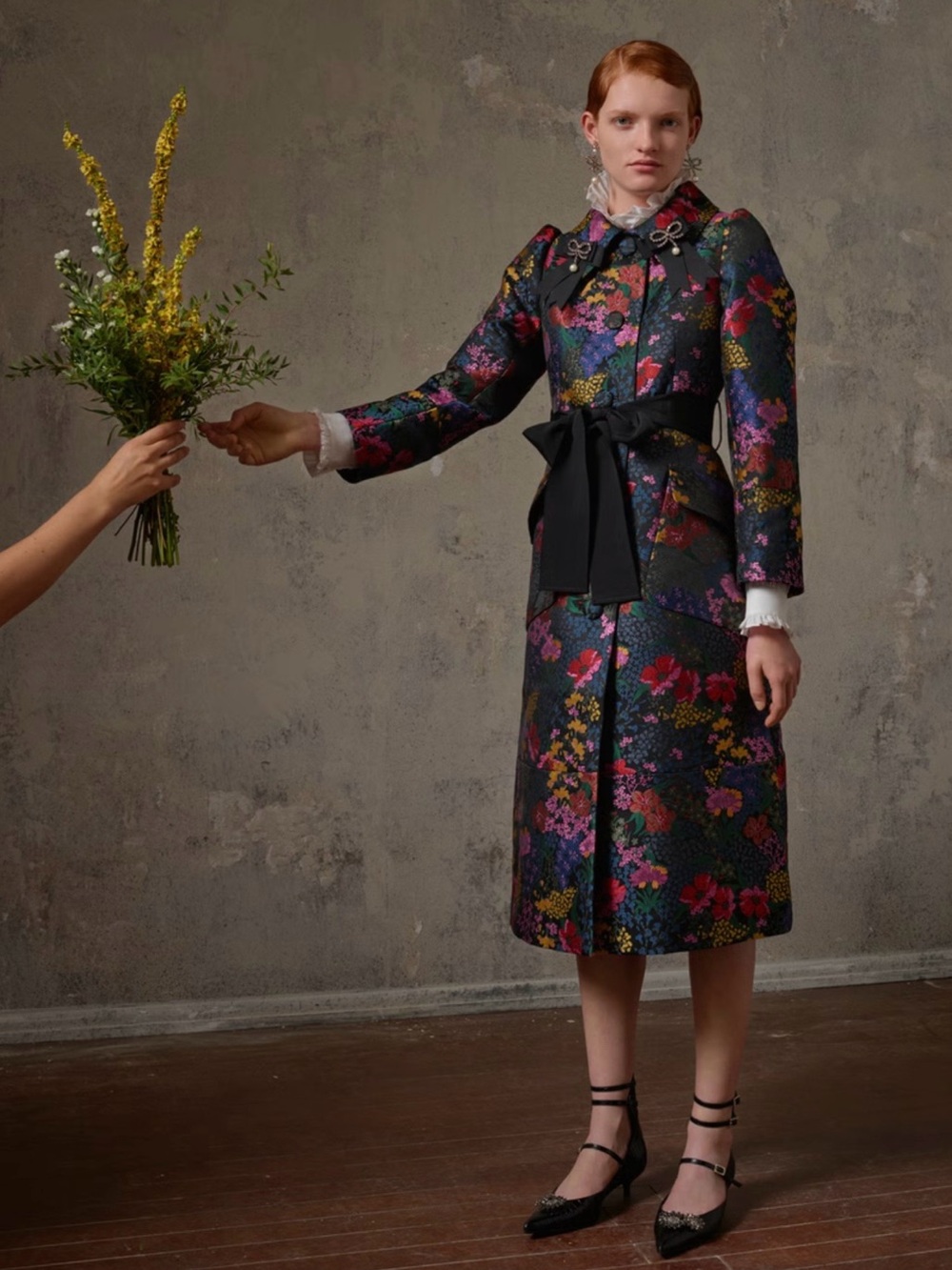 ERDEM for H&M Black Floral Jacquard Long Coat with Black Sash